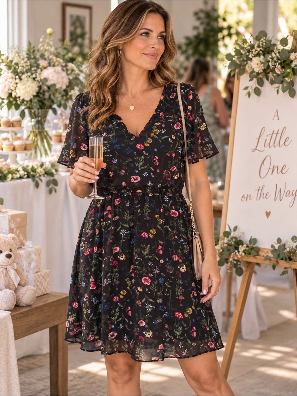RW&CO. Black Floral V-Neck Short Flutter Sleeve Dress